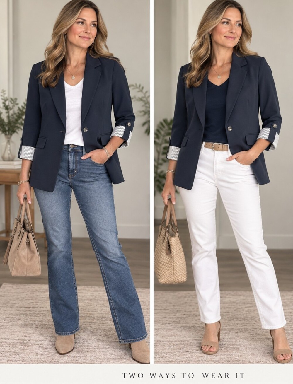 Allegra K Navy Blue Blazer Large NWT Striped Cuff 3/4 Sleeve